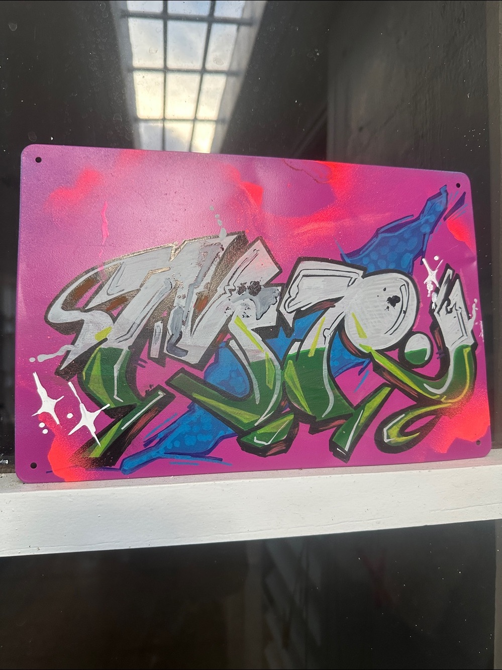 Graffiti wild style colorful original art painting on metal sign signed